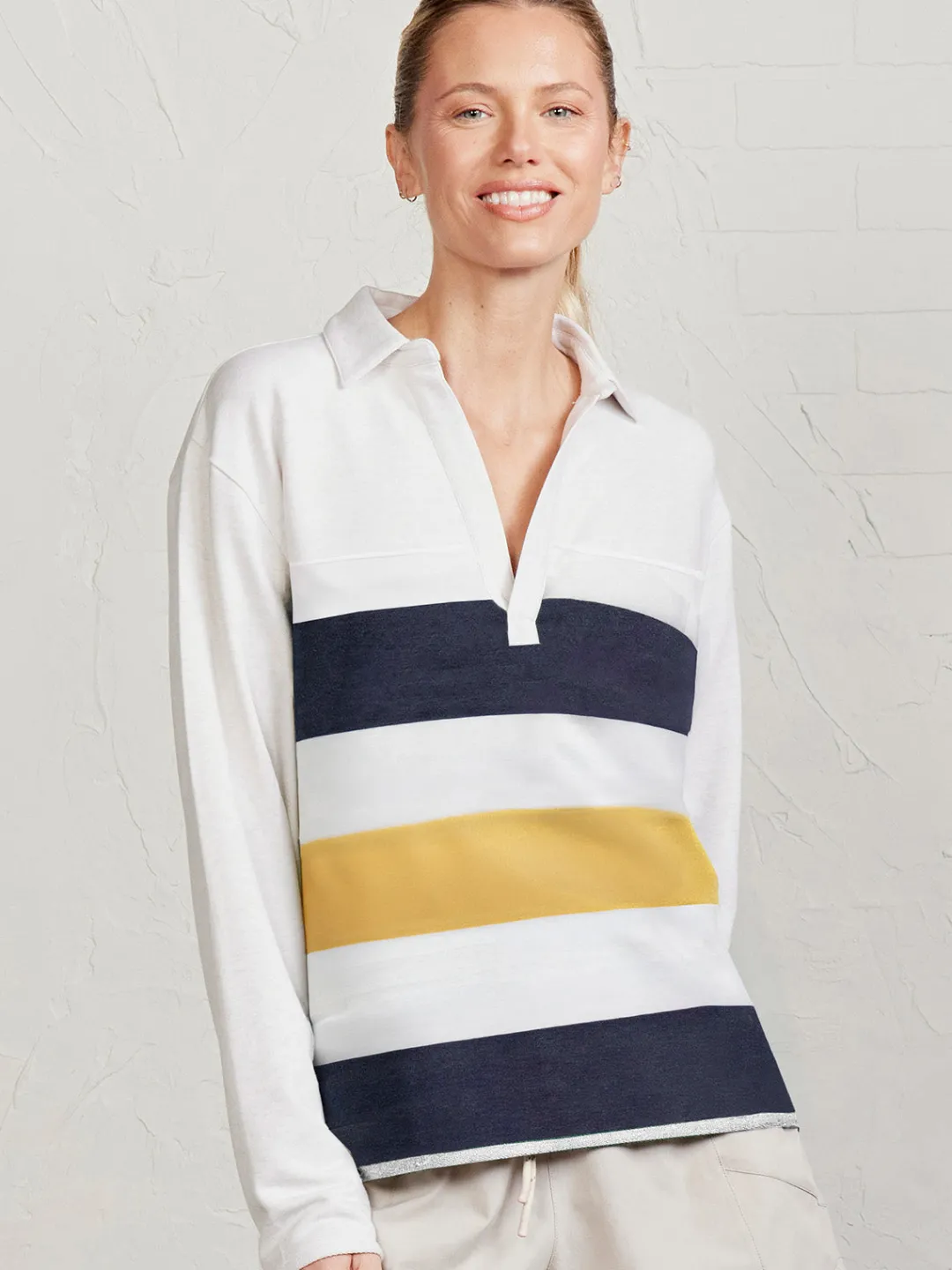 Women tasc French Terry Polo Sweatshirt - Stripe